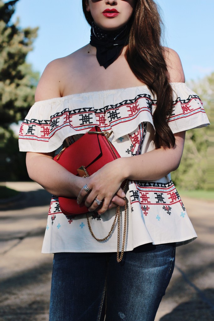 off the shoulder embroidered top red chloe drew bag celine sunglasses maybelline lipstick Canadian blogger mom Kira Paran Northern style 
