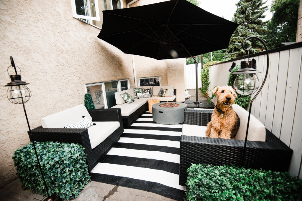 patio small spaces ideas black white rug round modern fireplace The Brick oversized outdoor umbrella Airedale terrier solar panelled lighting banana leaf pillow design Canadian 