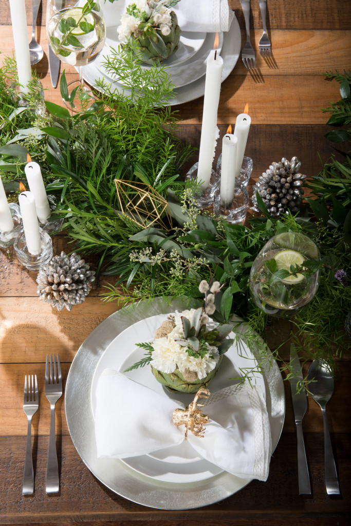 winter christmas table setting tablescape garland centre piece artichoke florals gold antler akin rings how to rustic wood table 