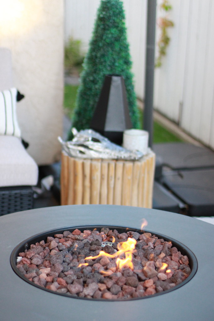 fall patio decor modern fireplace round table 