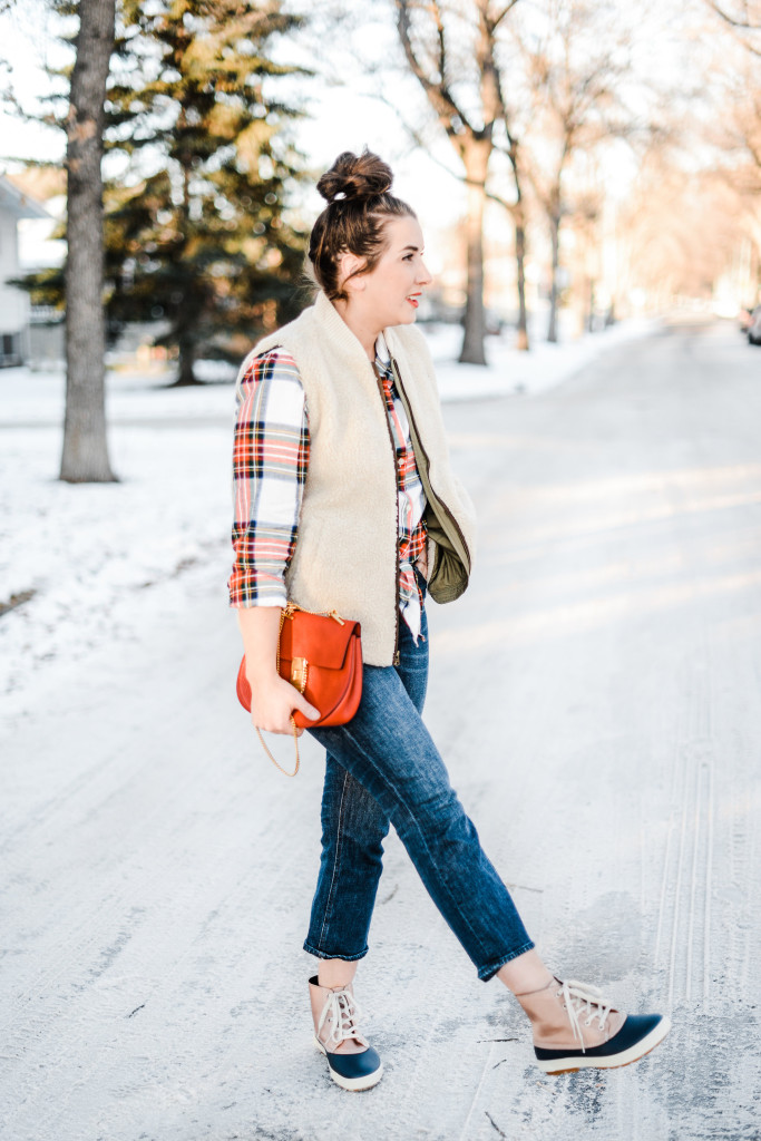 red chloe  drew bag, plaid shirt, sherpa vest, classic preppy style blogger 