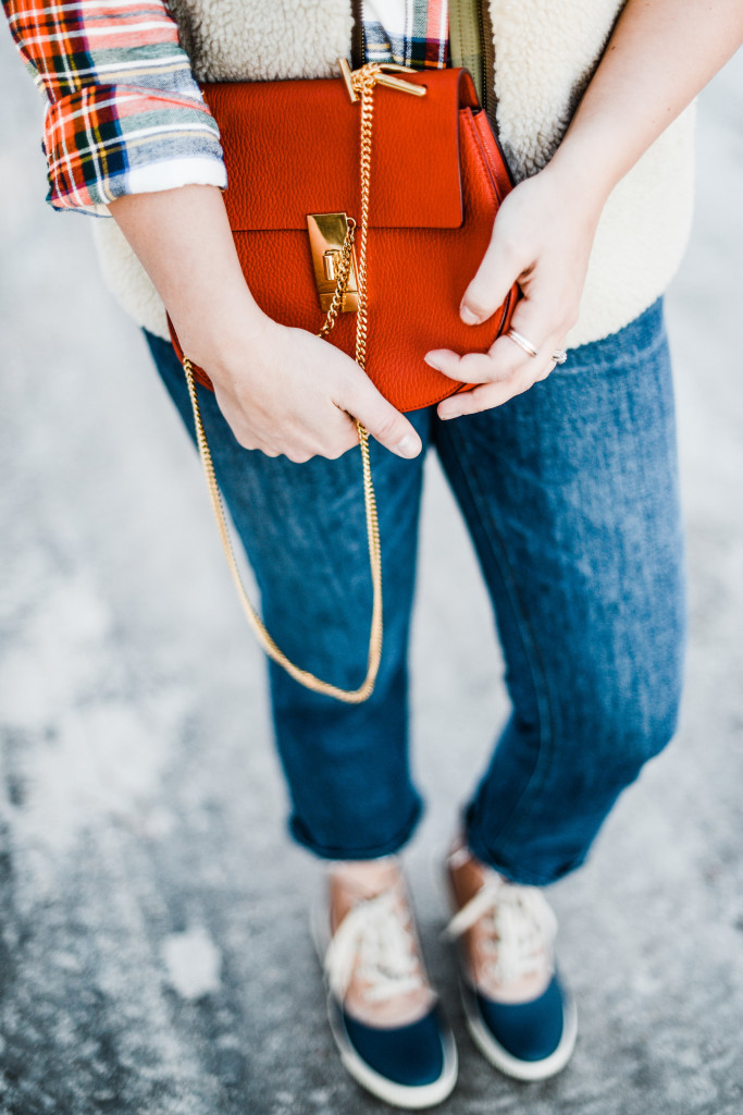 red chloe  drew bag, plaid shirt, sherpa vest, classic preppy style blogger 