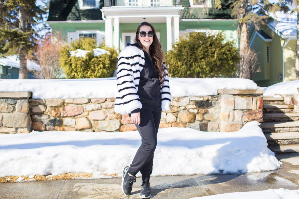 striped faux fur coat jacket The Gap adidas stadium hoodie and track pant athleisure trend canadian blogger Northern style Kira Paran
