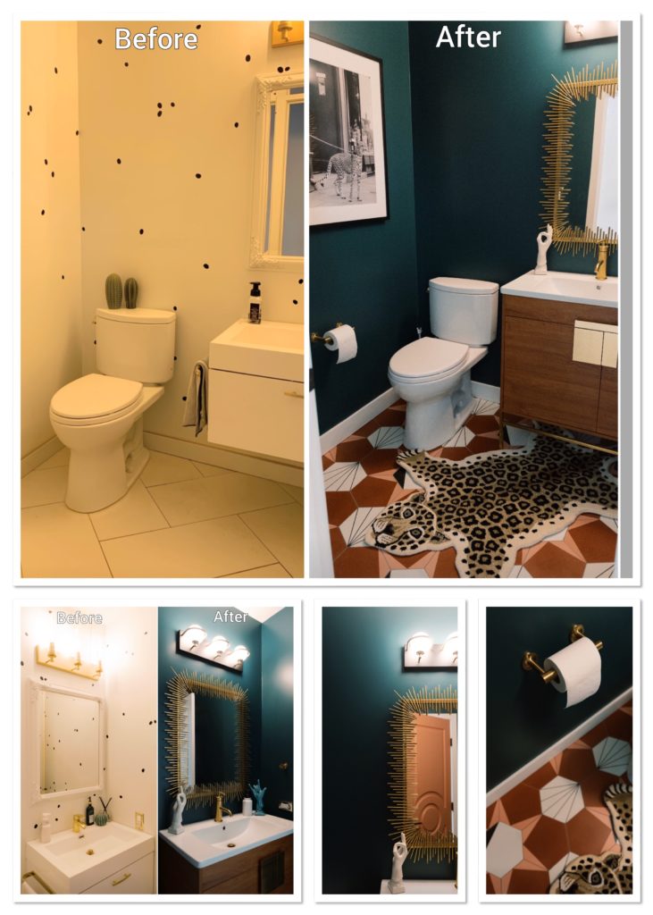 Before After bathroom renovation Green walls pink coral tiles wood accents. Leopard rug. kohler gold facet. Sherwin Williams Hunts Club green paint 
