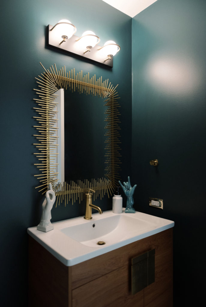 Before After bathroom renovation Green walls pink coral tiles wood accents. Leopard rug. kohler gold facet. Sherwin Williams Hunts Club Paint 